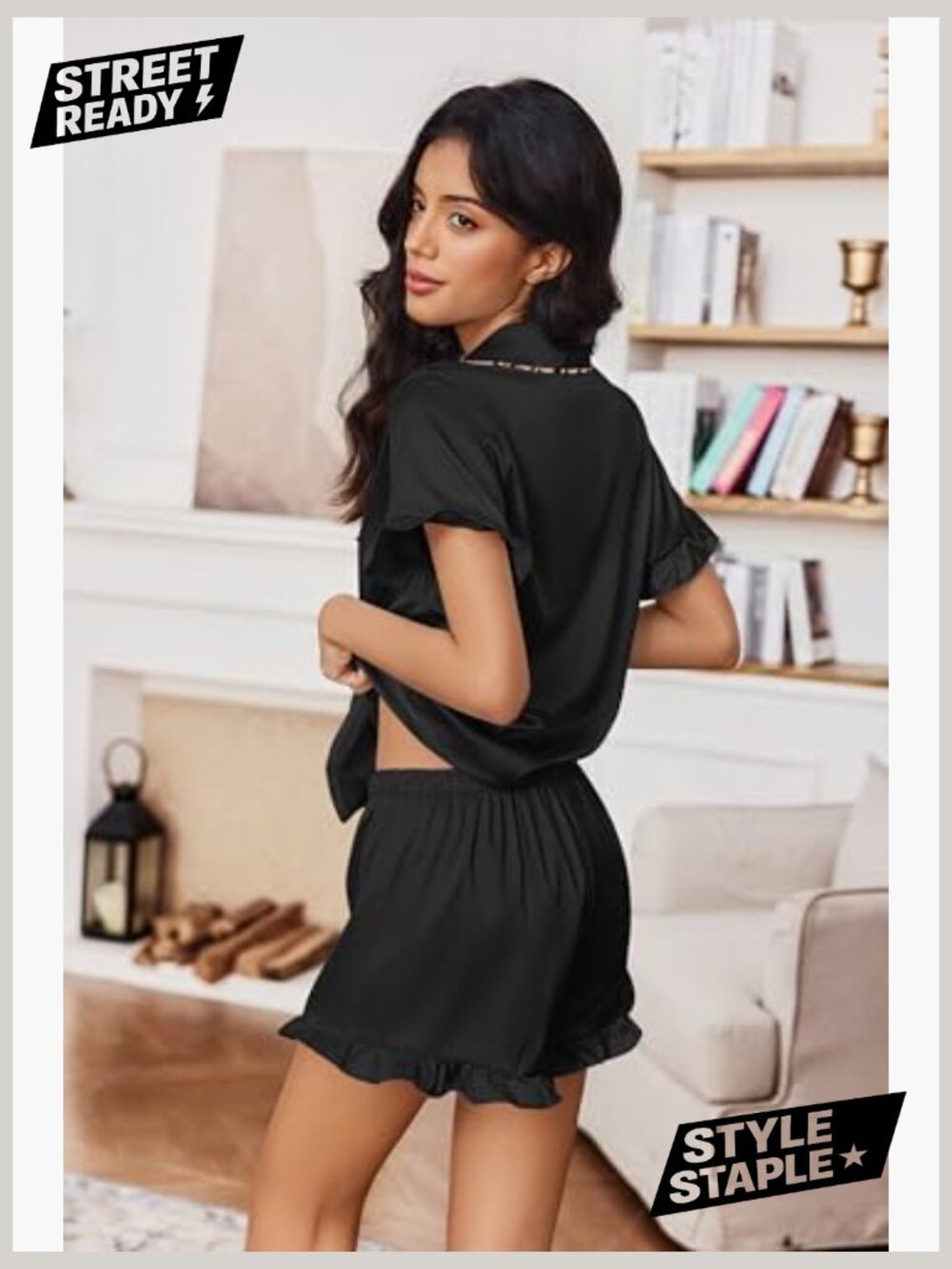 Short Sleeve Bow Tie Pajama Set - Silky Satin Pj Shorts Loungewear - Picture 6 of 7